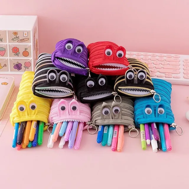 Original modern one-colour funny school pencil case in the shape of a cute worm with moving eyes