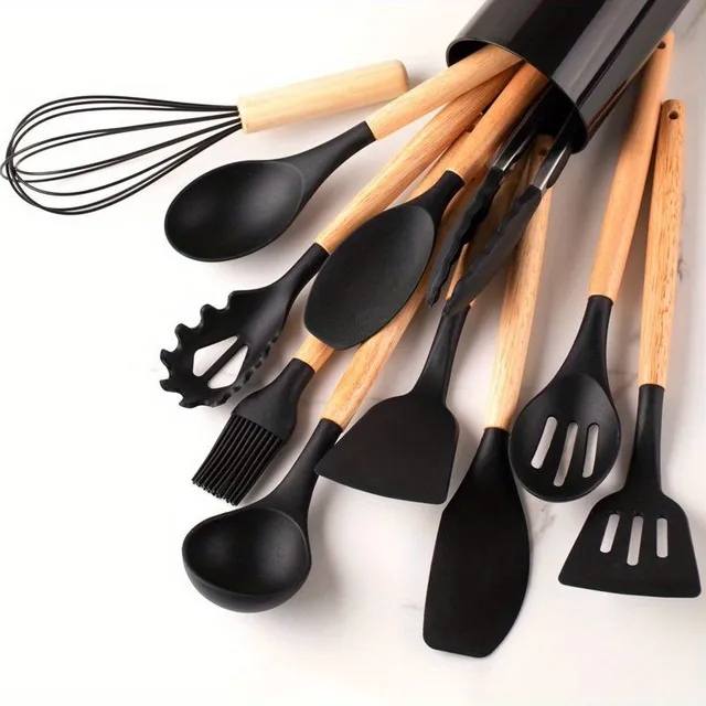 Ensemble de 12 pièces d'ustensiles en silicone, ensemble de cuisine kaki avec poignée en bois, ustensiles de cuisson sécurisés, ustensiles de cuisine avec surface antiadhésive, vaisselle moderne lavable, accessoires de cuisine, fournitures de cuisine, fournitures scolaires, retour à l'école