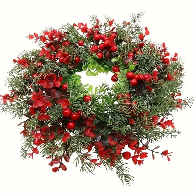 Christmas wreath with red berries and artificial eucalyptus