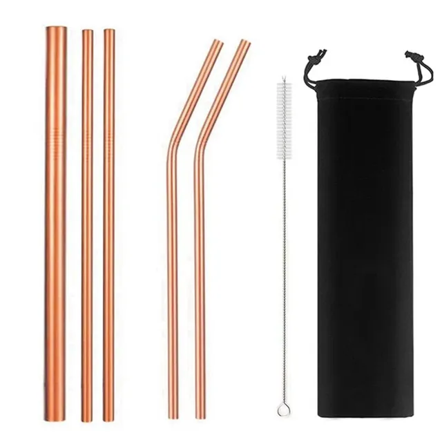 Set of re-usable stainless steel straws with case 7Pcs Rosegold A