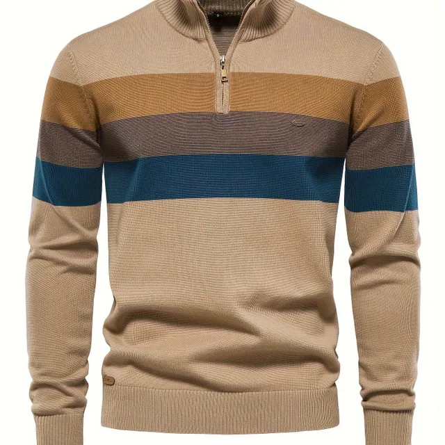 Men's cotton knitted sweater with coloured blocks, half zipper, neckline V - autumn/winter