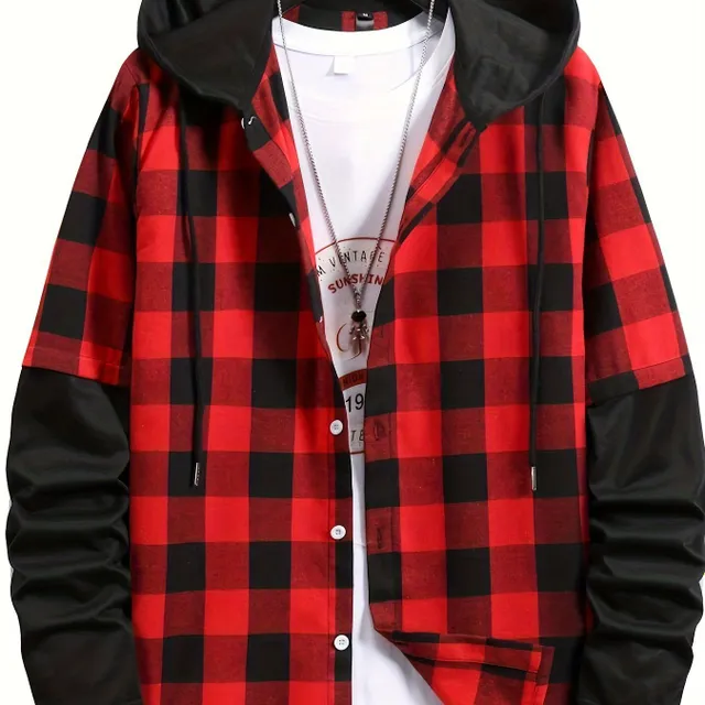 Men's plaid hoodie - black and red, autumn/winter