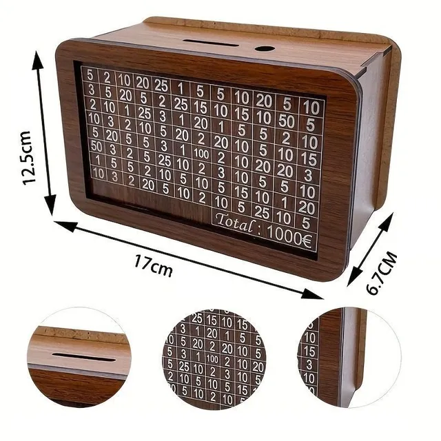 Wooden money box for banknotes and coins with a ticking area with coin amounts