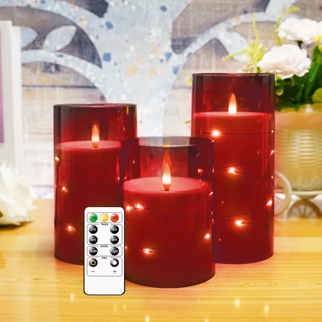 Safety LED candle with 3D flame and glass body for battery, with built-in light chain in the shape of stars - candle with remote control and timer.
