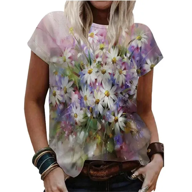 Short sleeve T-shirt with plant and flower print, O-neck and loose fit for women