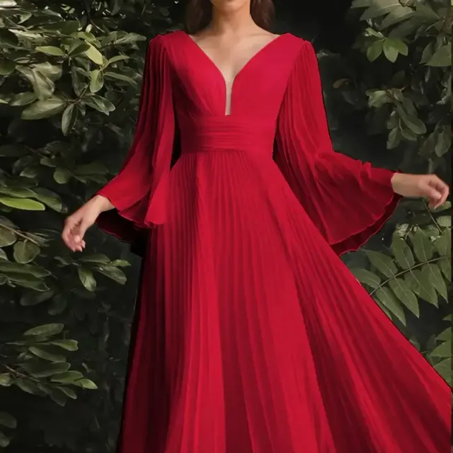 Robe de mariée élégante pour femmes rondes avec décolleté en V, manches évasées froncées et longue jupe fluide