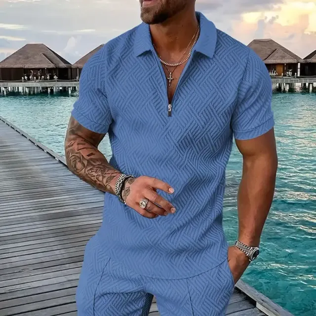Men's 2-piece set - Casual shirt with short sleeve and collar and string shorts