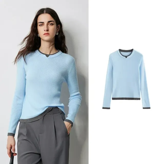 Women's knitted wool sweater with effect of two layers and contrasting colours