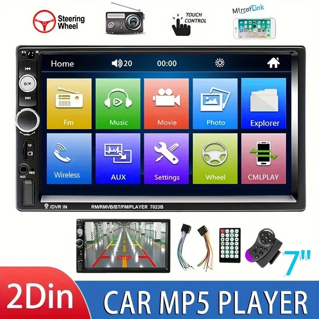 Car multimedia player 1080P Full HD with FM radio, phone mirroring, backup camera support, remote control and AUX audio.