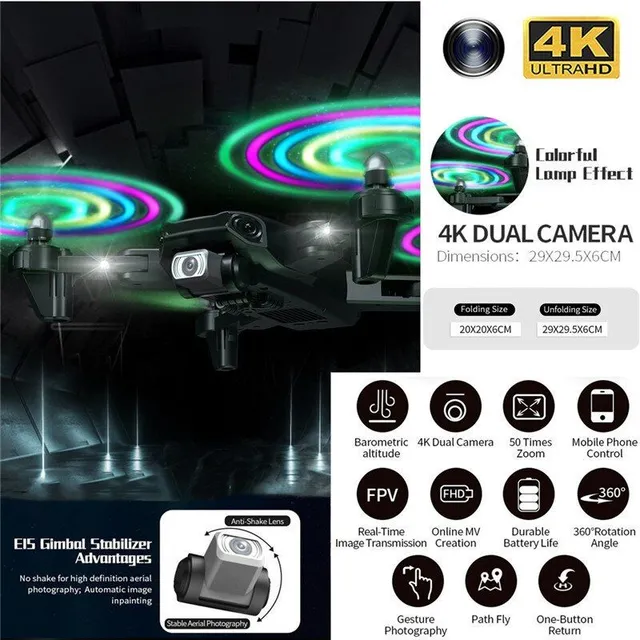 LED Drone s 4K HD duálnou kamerou WIFI FPV Anti Jamming Technology Skladacia kvadrokoptéra