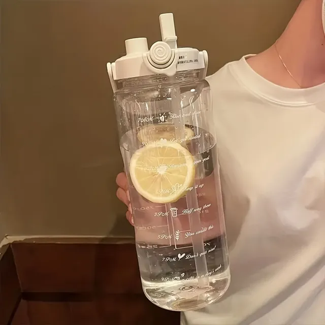 Large portable water bottle with straw and time scale 2000 ml