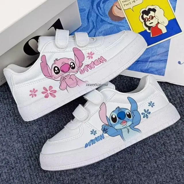 Tenisi sportivi trendy pentru copii, de culoare albă, cu imprimeu cu personajele animate Stitch și Angel