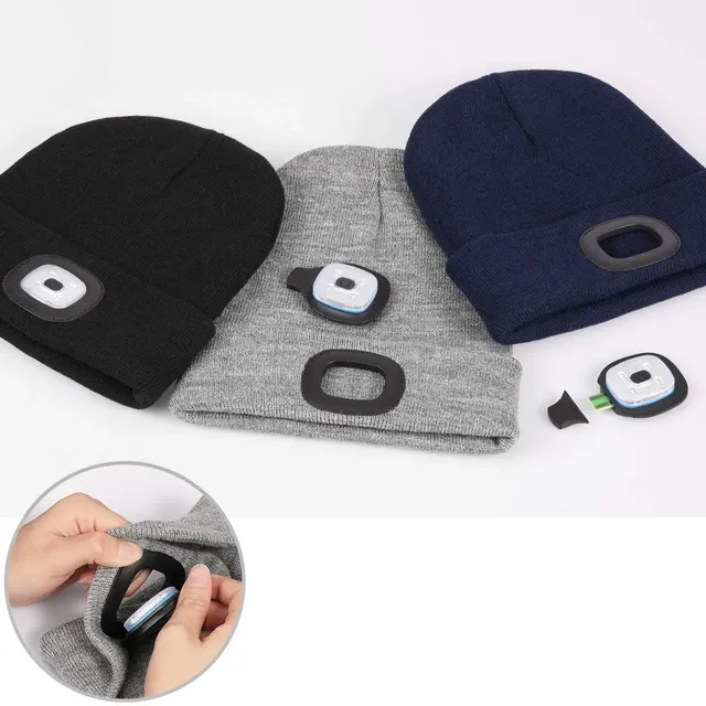 Unisex LED knit cap with USB charging light, head torch, winter knit cap with night light