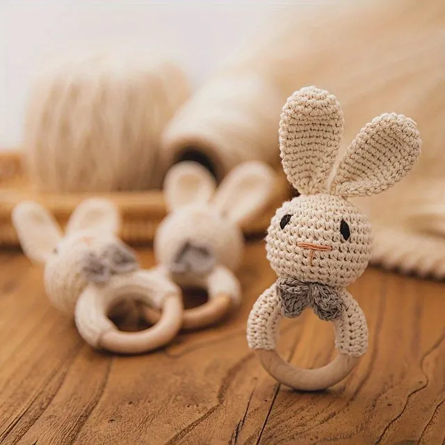 Hooked rattle in the form of a brown bunny - cute design impresses the baby, Built-in bells ring when swinging