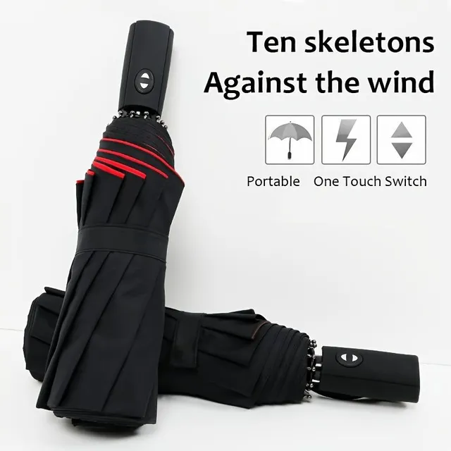 Umbrelă automată mare pentru bărbați cu acoperire din vinil rezistent la vânt, consolidată și întărită