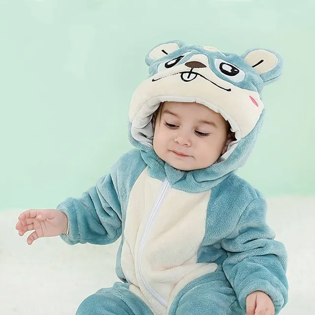 Boy's pajamas with hood made of soft and warm flannel with cute animal motif