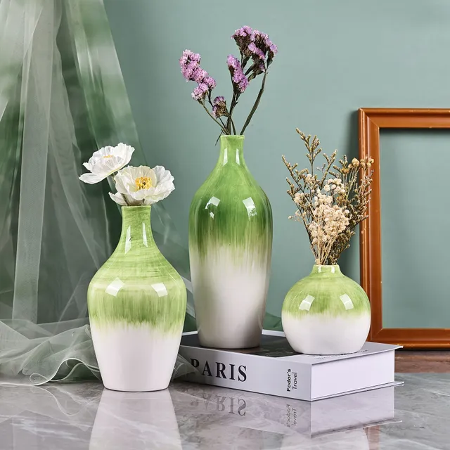 Set of 3 Pcs Ceramic Floral Vase With Crossing Glaze - Suitable for Wedding Dinner, Party At Table, Living Room, Office, Bedroom, Aesthetic Facilities Rooms, Decoration Home, Spring Decoration, Decorative Gift New Year