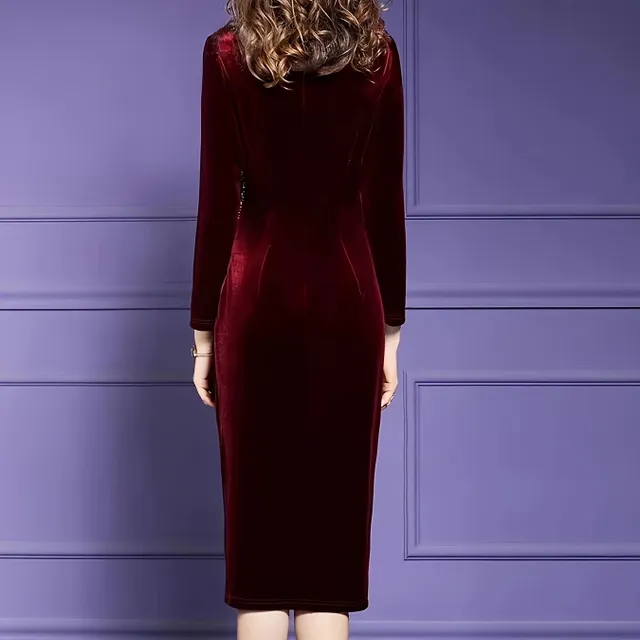 Velvet dress with contrasting trim, heel neckline, long sleeves, slitting and cuffing - elegant dress on the figure