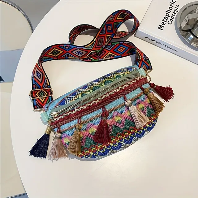 Damen Boho Bauchtasche mit ethnischen Mustern und Fransen