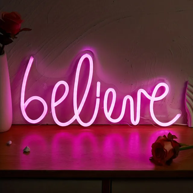 Neon sign "Believe": LED light powered from USB, wall decoration for bedroom, wedding, birthday, gambling room, home