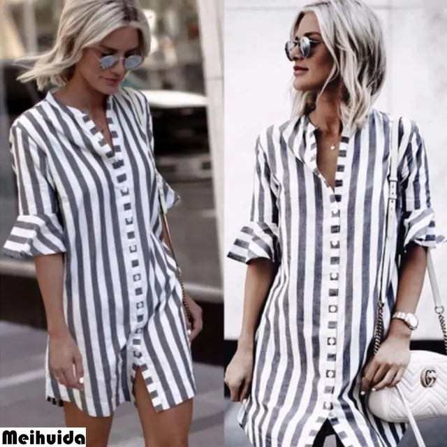 Striped long tie ladies summer dress