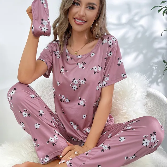 Women's loose pajamas with floral printing, short sleeve and pants - Sleeping and relaxation kit