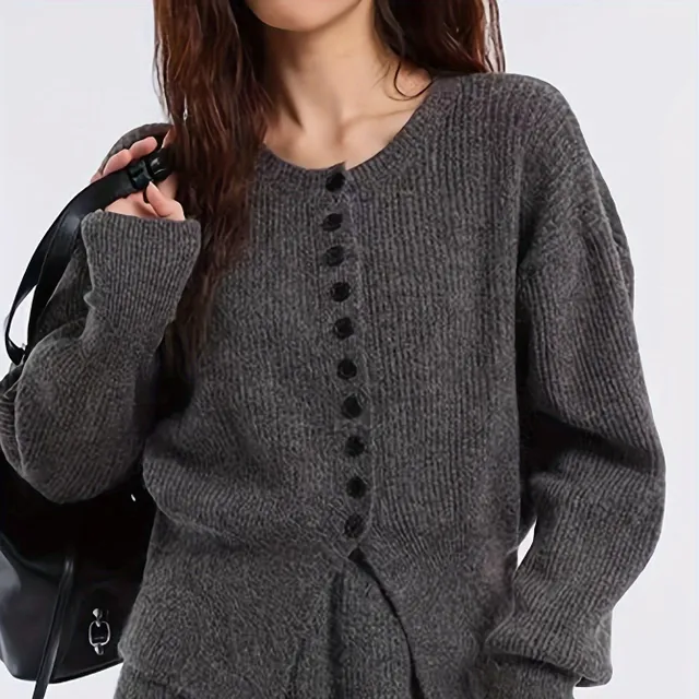 Elegant women's two-piece set - knitted jacket with long sleeve and skirt with high waist