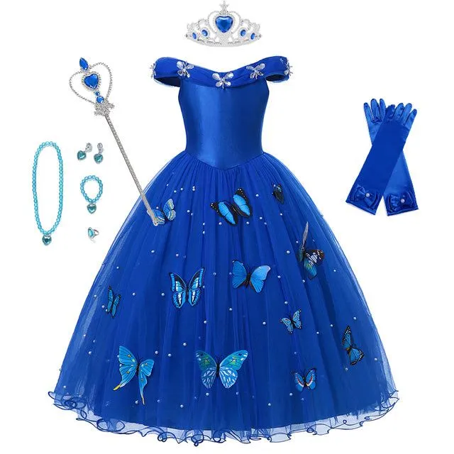 Princeznovské dívčí šaty s doplňky - princezna Popelka Blue Butterfly