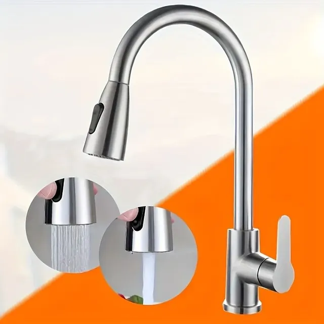 Kitchen sink mixer, stainless steel, pull-out, 360° swivel, with lever control for hot and cold water - splash protection