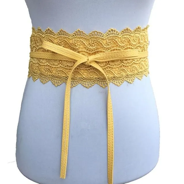 Ladies lace belt with bow yellow