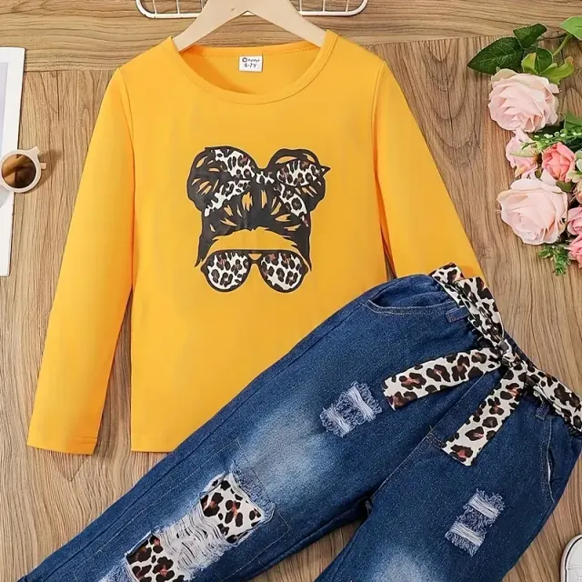 3-piece set for girls - Long Sleeve with printing + Torn jeans with belt