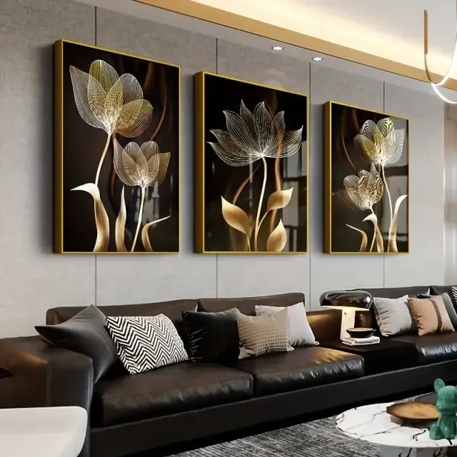 3 part abstract painting on canvas with black and gold flowers, living room decoration, 40x60 cm, no frame