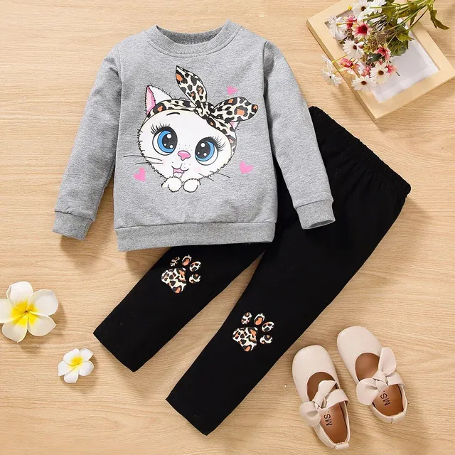 Children's two-piece cotton pajamas with long sleeve and a cat with big eyes for girls