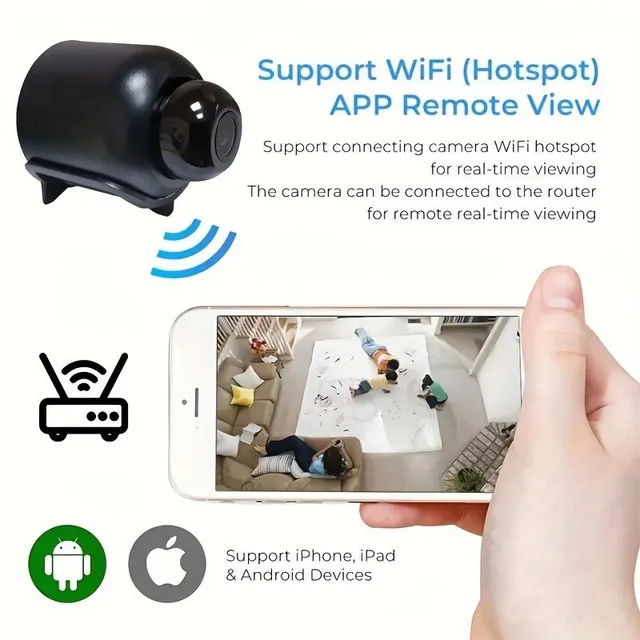 WiFi security camera with night vision and motion detection - Wide shot, remote access (SD card not included)