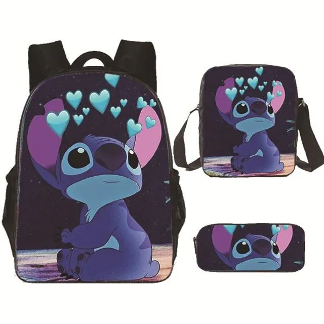 Set pentru copii cu 3 piese școlare cu motivele personajelor animate preferate Lilo și Stitch Rucsac / Geantă peste umăr / Penar