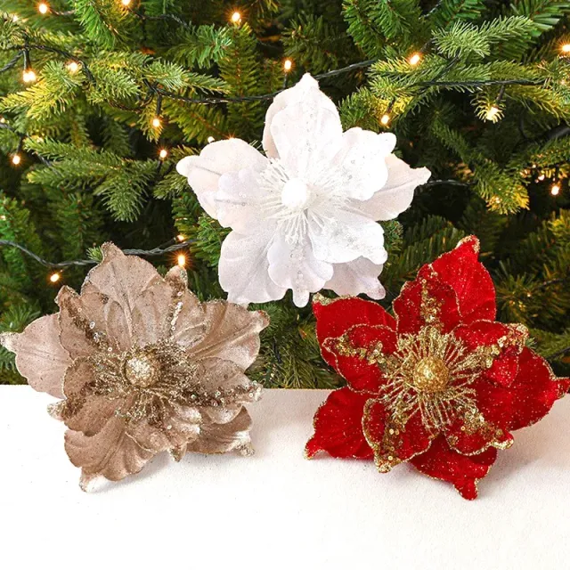 Artificial shiny Christmas flowers for a tree and festive decoration