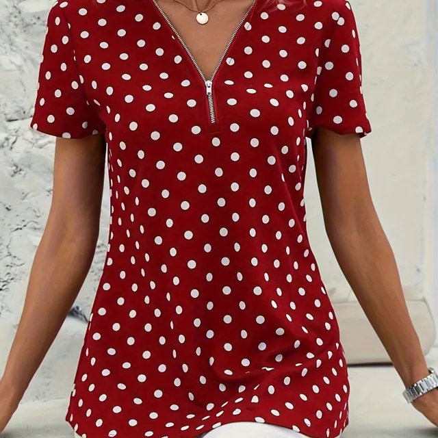 Blush with round neckline and polka dots, elegant short blouse zipper for women's clothing