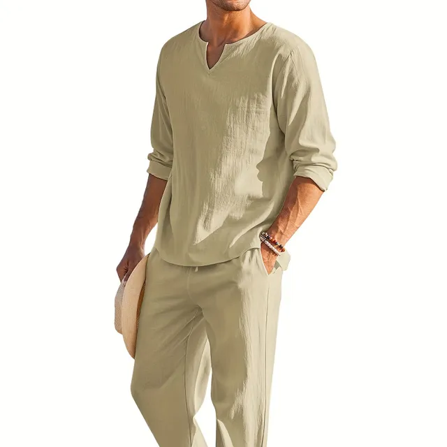 Ensemble 2 pièces en coton et lin pour homme - T-shirt décontracté à col en V et pantalon avec cordon de serrage pour l'été et l'automne