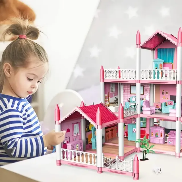 Children's Dollhouse 3 floors 9 rooms pink DIY