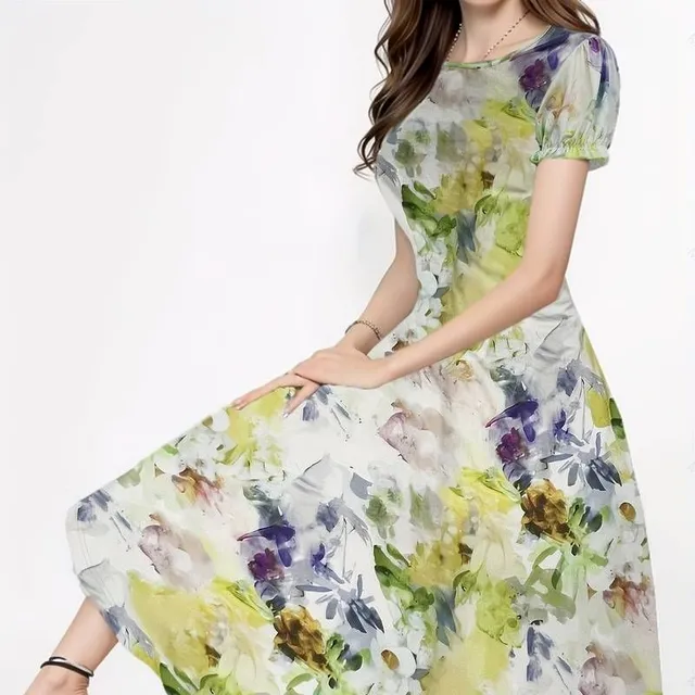 Flower Pattern - Dress with round neckline, Elegant, Short Sleeves (Spring/Summer)