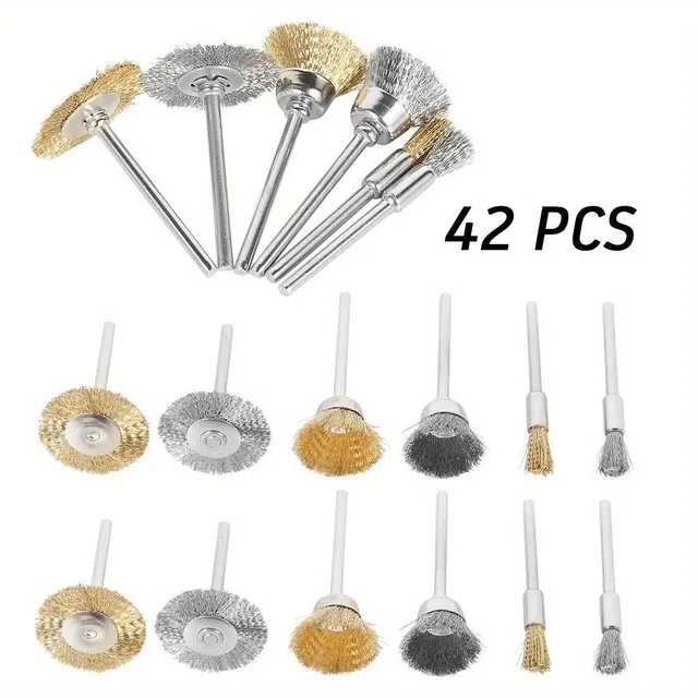 Set of 42 wire brushes with brass coating for drill