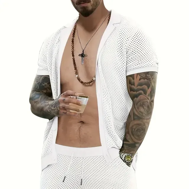 Breathable knitted or crocheted men's set with t-shirt and shorts with broken design