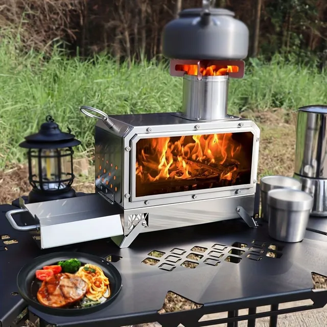 Transferable picnic and camping wooden cooker of 201 stainless steel with fireproof view from microcrystalline glass 1000 °C