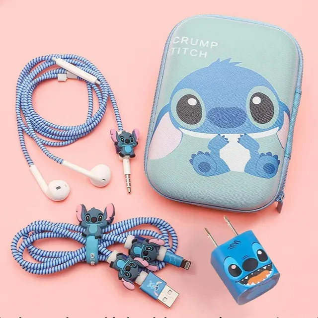 Protective cover for headphones and charger with cover and cable clips in Stitch theme