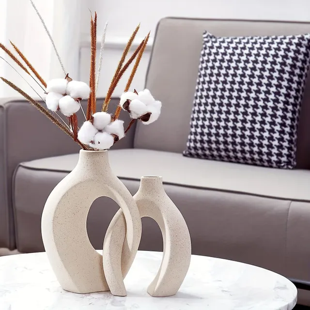 Hollow ceramic vase in boho style with donut hole for modern living, Nordic minimalism, table decoration