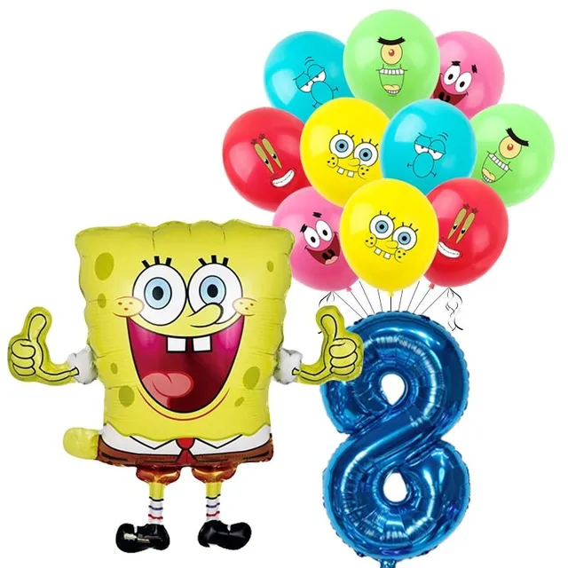 Birthday set of balloons with number and theme SpongeBob and his friends - blue