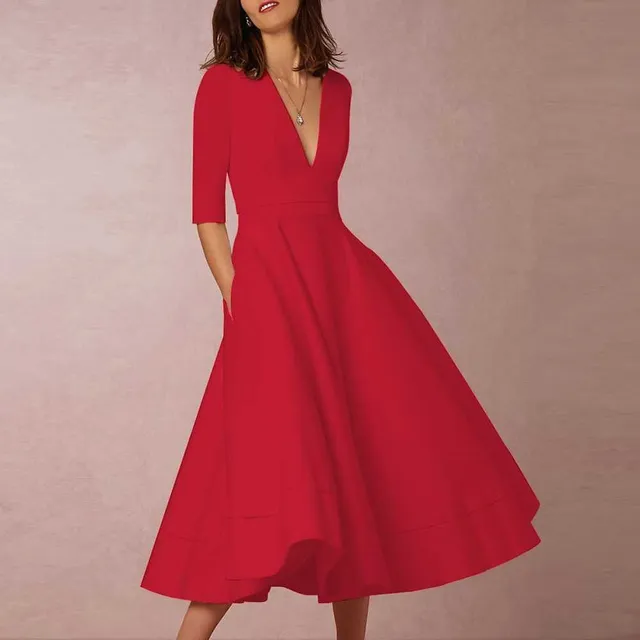 Elegáns Plunge Neckline Flowy Midi munka ruha Červená s