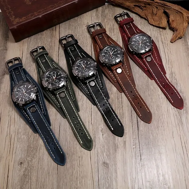 Ceasuri vintage pentru bărbați cu brățară cusută manual din piele PU