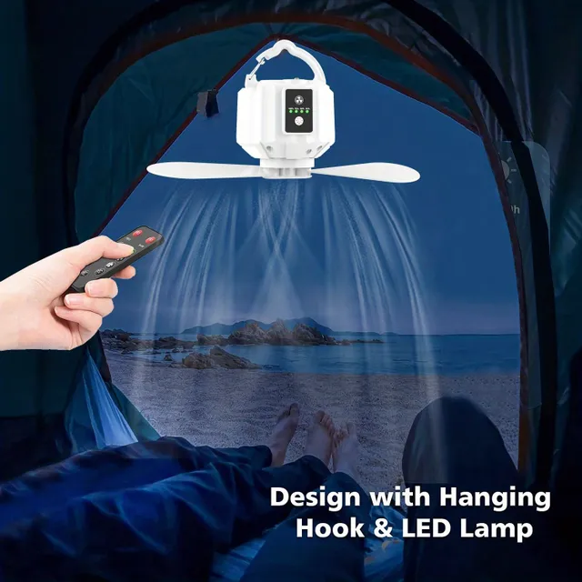Ventilator de camping cu încărcare pe baterie, lumină, cu cârlig, telecomandă, 3 viteze și 3 niveluri de lumină