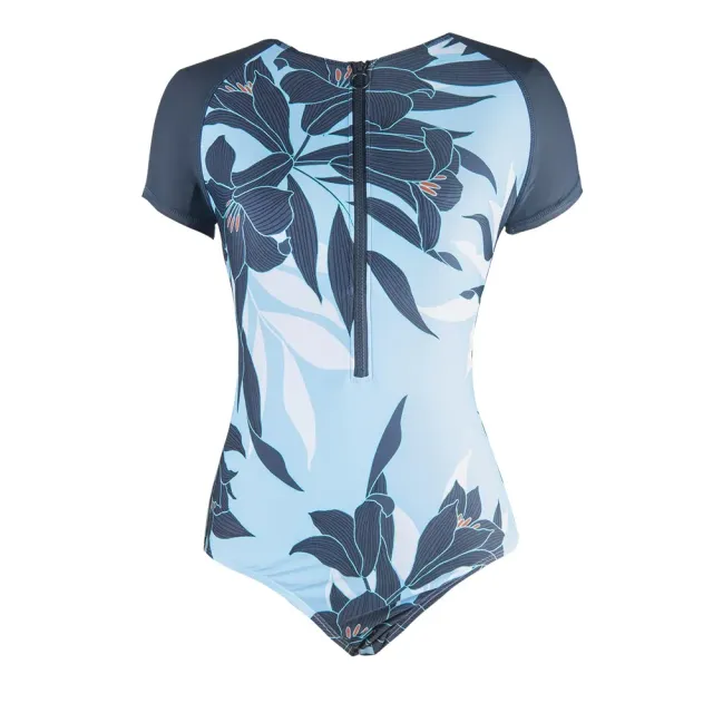 Single-piece swimsuit with short sleeves and zipper